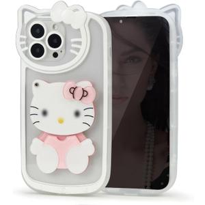 for iPhone 17 Pro Max Cute Cartoon Cat Case,Women Girls Kids 3D Bow Kawaii Cat Face Makeup Mirror Soft TPU Clear Protective Phone Cover for iPhone 17 Pro Max 6.9inch White