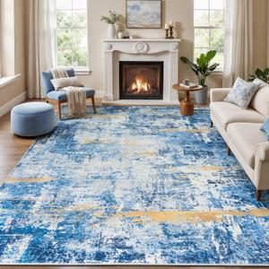 8x10 Area Rugs for Living Room, Washable Sky Blue Gold Large Rug | Machine Washable; Stain-Resistant; Low Pile; Non-Slip; Modern Abstract; Carpet for Bedroom Dining Office Nursery Home