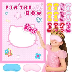 Cute Pink Birthday Party Decoration Game, Pin The Bow on The cat with 24 Stickers, Pink Poster for Girls Party Favors (cat)
