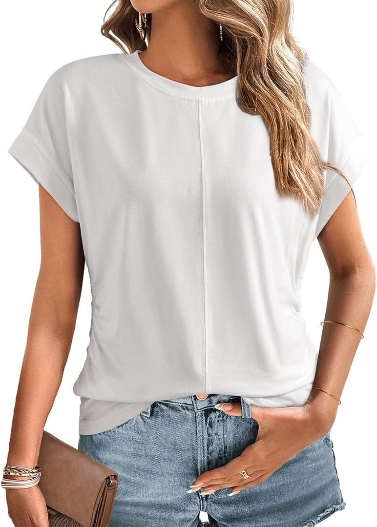 Dokotoo Spring Tops for Women 2025 Cap Sleeve Side Ruched Summer Tops for Women Trendy Women Clothing (XXL)