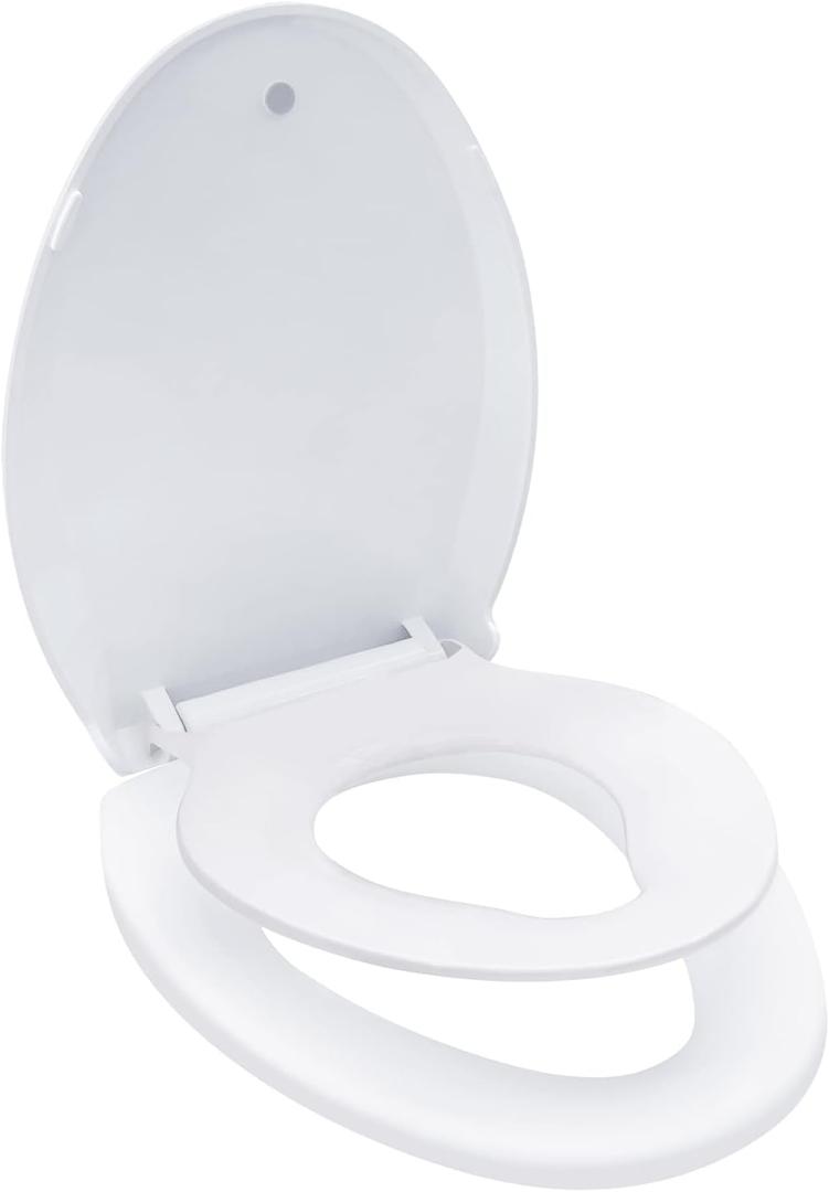 Elongated Toilet Seat with Toddler Seat Built In Soft Close, Slow Close Family Toilet Seat with Potty Training Seat White