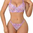 Aranmei Womens Sexy Floral Embroidered Lingerie Set Mesh Sheer Cute Underwire Push Up Bra and Panty (2XL, Purple)