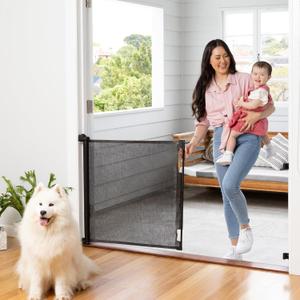Retractable Baby Gate Perma Child Safety 33" Tall x 71 Wide, Mesh, for Stairs, Doorways, Dogs, Pets, Indoor, Outdoor, One-Handed Operation, Locking, Easy Install, Hardware Mount, Black
