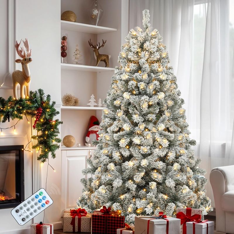 YITAHOME 6ft Prelit Snow Flocked Christmas Tree with Remote, Hinged ...