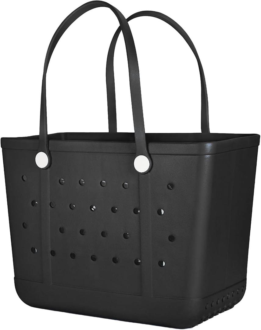 Extra Large Rubber Beach Bag, Washable Moisture Resistant Durable Open Hole Tote Bag Beach Vacation Essentials (Black, X-Large)