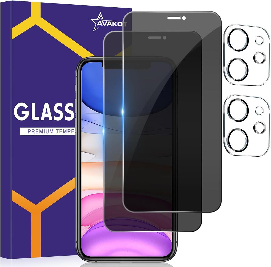 avakot-2 Pack Privacy Screen Protector for iPhone 11 6.1 inch with 2 Pack Camera Lens Protector, Anti Spy Private Tempered Glass Film for iPhone 11, Case Friendly, Bubble Free
