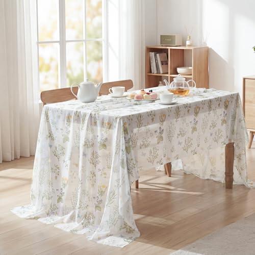 Horaldaily Sheer Gauze Chiffon Fabric Table Cloth 60×120 Inch Rectangular, Spring Summer Daisy Flowers Fern Butterfly Seasonal Cheesecloth Cover for Dinning Party Wedding Banquet Home Decor