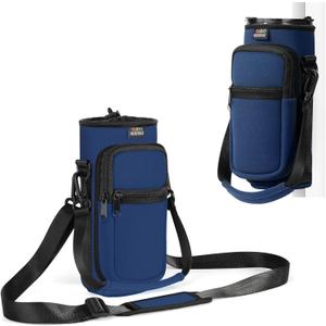 Nuovoware Water Bottle Carrier Bag,25oz/40oz/64oz Bottle Pouch Holder,Adjustable Shoulder Hand Strap 2 Pocket Sling Neoprene Sleeve Sports Accessories for Hiking Travelling Camping (Dark Blue/CiXi)