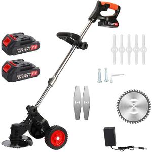 Electric Lawn Mower, 21V 2000mAh Batteries Supply Rechargeable D-Shaped Handle 2 Wheel Electric Lawn Mower 3 in 1 Brush Cutter Cordless Grass Trimmer (Black)