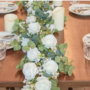 Artificial Eucalyptus Vine Fake Rose Flowers Gypsophila Garland Wedding Party Wall Hanging Garland Home Garden Decoration Green Plants
