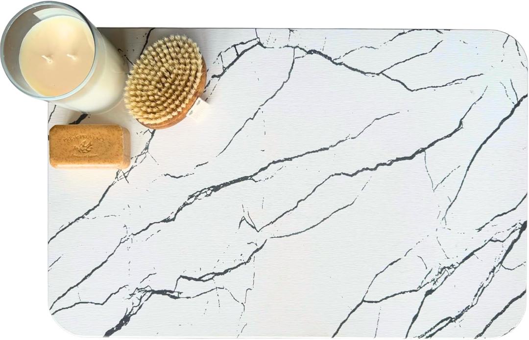Non-Slip Bath Mat - Stone Bath Mat, Stone Drying Mat, Bathroom Mats, Bath Rugs for Bathroom, Diatomaceous Earth BathMat, Tapetes para Bao, Rugs for Bathroom Floor, 23.5" x 15.5"- White Marble