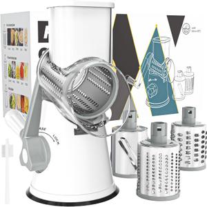 Cambom Rotary Cheese Grater Hand Crank Cheese Shredder for Fresh Cheese, Vegetable, Nuts,Non-slip Suction Base, Free Cleaning Brush Three Blades, White (3 BLADES)