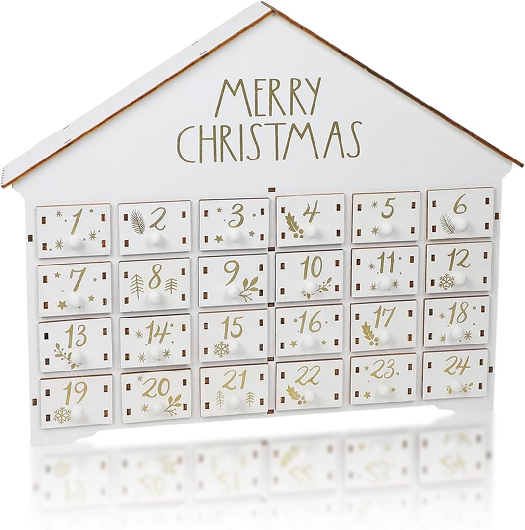 MorTime 24 Day Advent Calendar Decorated with 24 Storage Drawers, White Wooden Countdown to Christmas Calendar