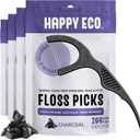 Dental Floss Picks for Teeth (200ct) - Double Thread Tooth Picks Flossers for Adults, Toothpicks Floss, Vegan Corn-Straw Handle, Shred-Resistant String for Interdental Oral Care & Gum Health, Charcoal (50 Count (Pack of 4))