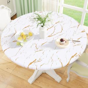 Misaya Round Fitted Tablecloth with Elastic Edge, Waterproof Oil Proof Plastic Table Cover, Vinyl Flannel Backed Tablecloth Fits 45"-56" Round Tables for Dinner, Outdoor, Picnic, White Gold Marble