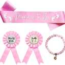 Mommy to Be Sash and Pin Set - Pink Baby Shower Decorations for Girl with Bracelet Keepsake - 4Pcs Gender Reveal Party Supplies for Mom Dad
