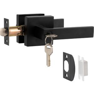 Black Interior Door Handle Lock Set, Keyed Entry Square Heavy Duty Zinc Alloy Door Lever Knob for Bedroom/Bathroom/Office, Reversible Interior Handles for Left & Right Handed Doors with 3 keys, 1 Pack