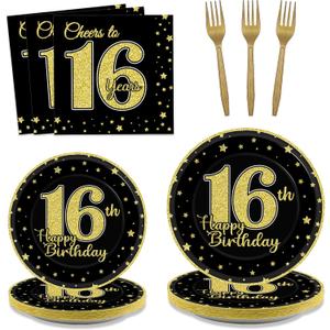 96 Pcs 16th Birthday Party Supplies for 24 Guests Cheers to 16 Years Tableware Table Decorations Black Gold 16th Birthday Plates Napkins Dinnerware for Boys Girls 16 Years Old Birthday Party Favor