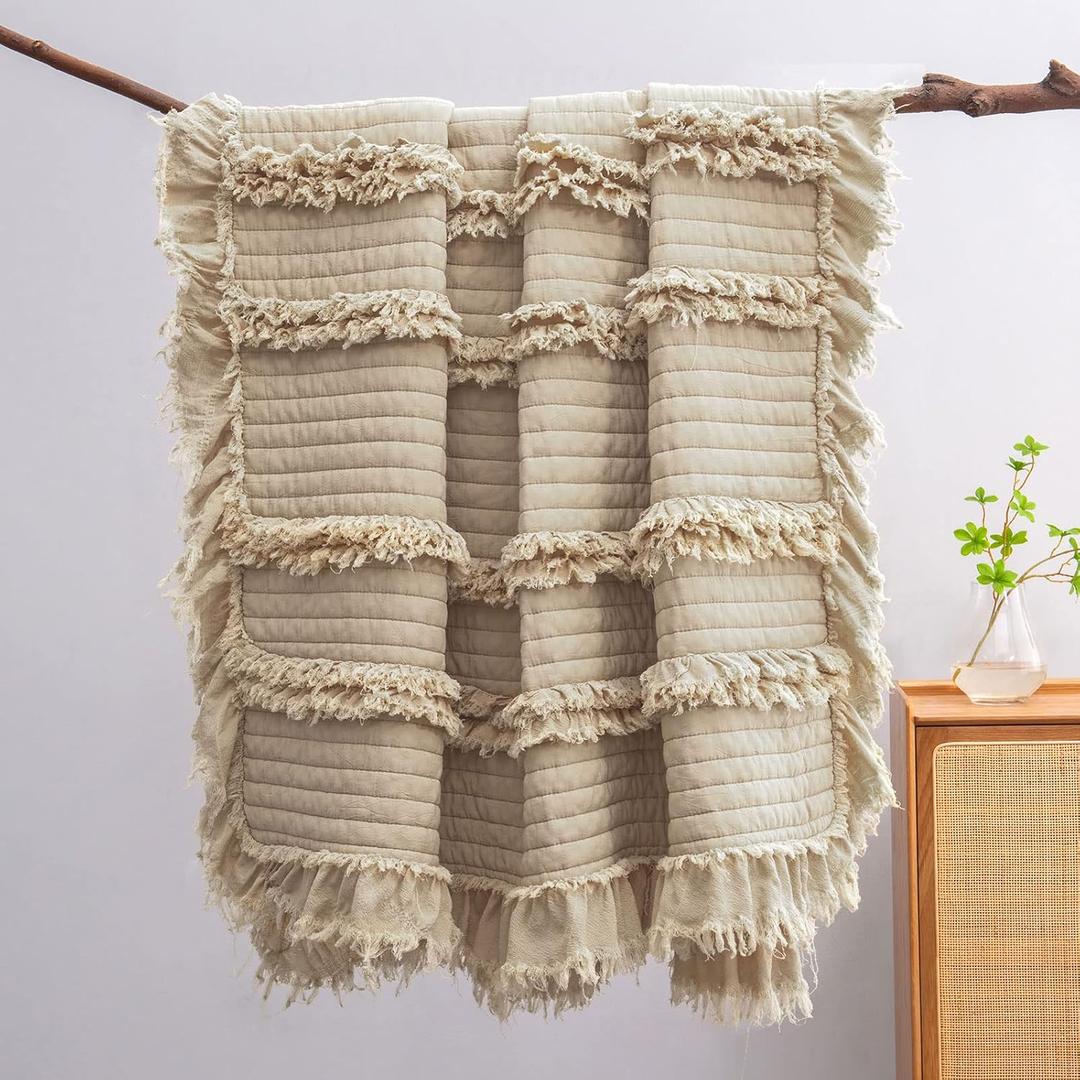 Ultra Soft Pre-Washed Quilted Boho Beige Twin Size Blankets for Bed, Ruffle Fringed Decorative Throw, Stone Washed Chic Rustic Blanket for Sofa Couch Bed, 60"*80"