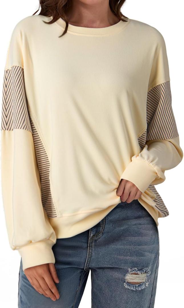 Dokotoo Oversized Crewneck Sweatshirt for Women Long Sleeve Soft Knit Tops Striped Contrast Tunic Shirts Fall Winter Clothes (M)