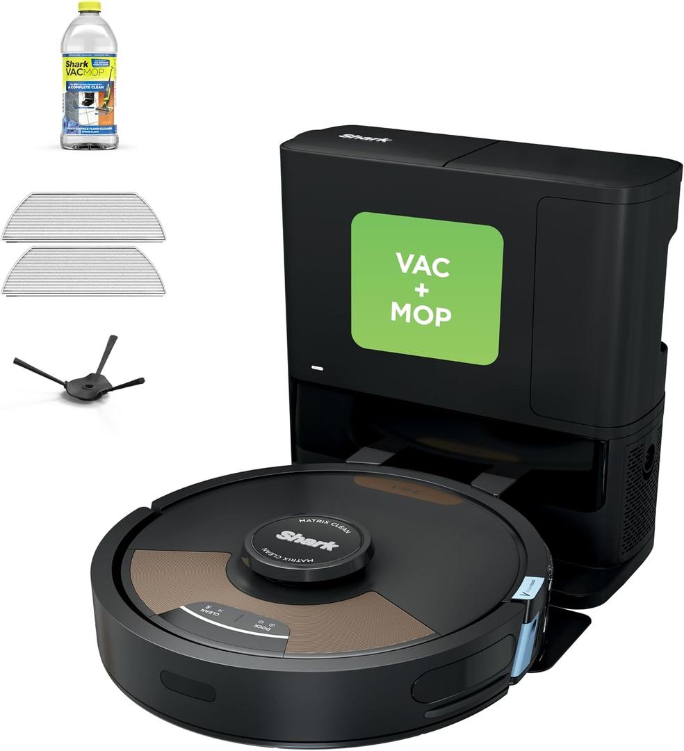 Shark Matrix Plus 2in1 Robot Vacuum & Mop with Sonic Mopping, Matrix Clean, Home Mapping, HEPA Bagless Self Empty Base, CleanEdge, for Pet Hair, WiFi, Black/Brass, AV2620WA