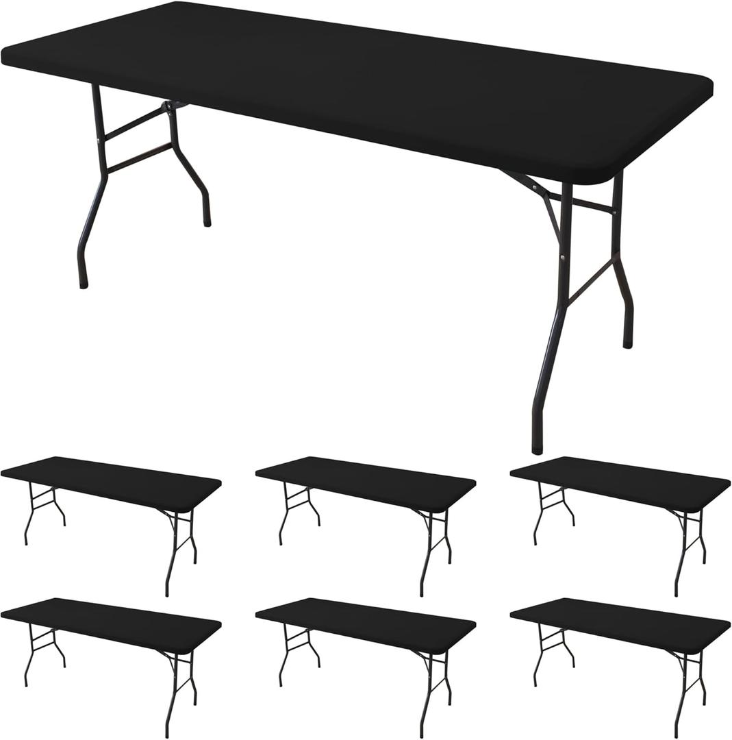 Fitted Tablecloth for 8 Foot Rectangle Tables-6 Pack Black Elastic Outdoor Picnic Table Cover-Spandex Stretch Folding Table Cloths 8ft for Camping Dining Room Patio Kitchen Banquet Party