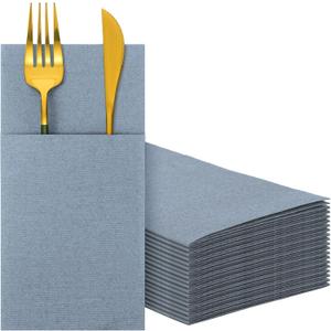 Seajan 35 Pieces Pocket Linen Napkins, Disposable Airlaid Paper Prefolded Dinner Napkins with Built in Flatware Pocket for Silverware Wedding Party(Dusty Blue)