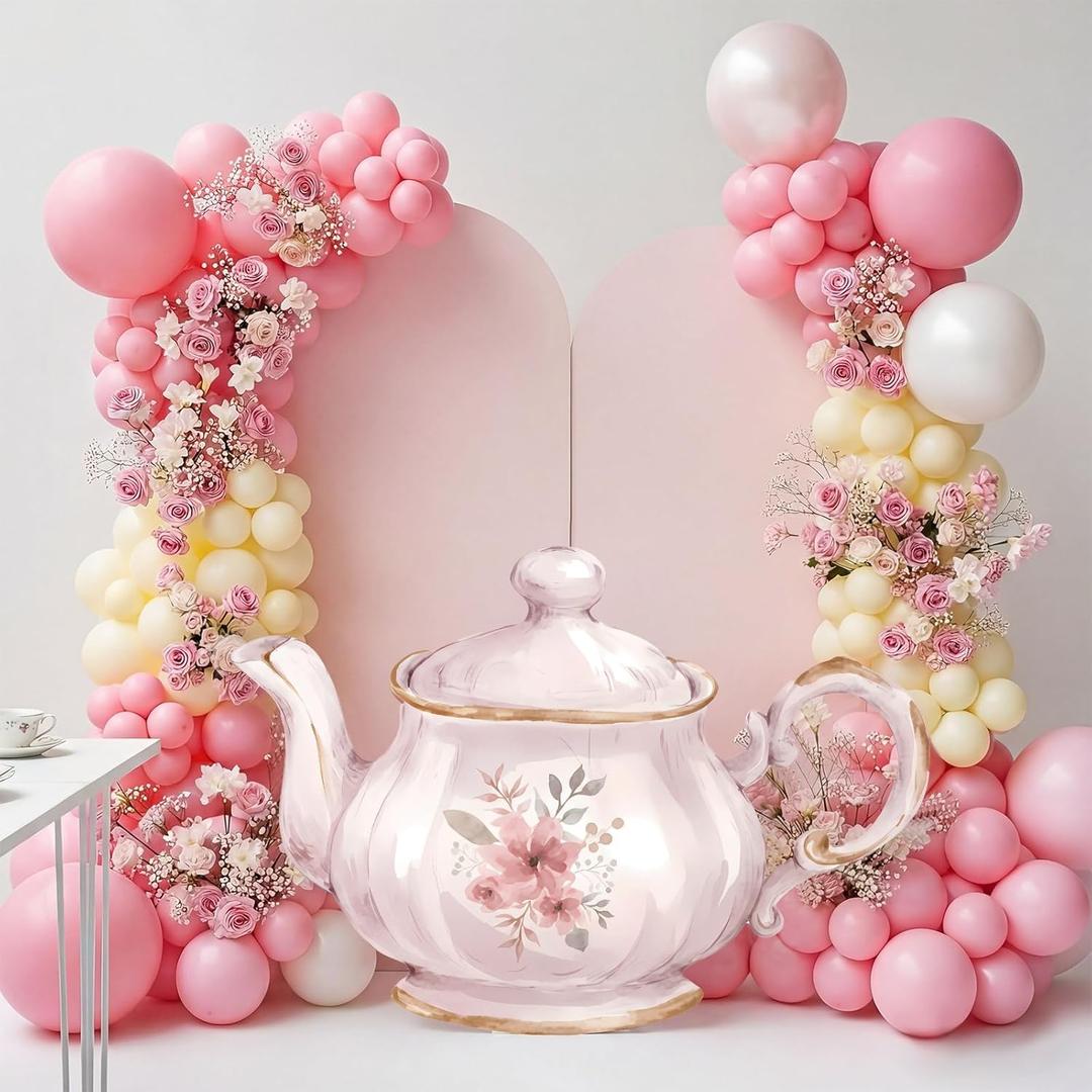 Colingmill Tea Party Decorations Teapot Cardboard Cutout 35.4 x 24.6 Inch Pink Floral Tea Party Baby Shower Let's Partea Photography Background for Women Birthday Bridal Decorations
