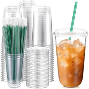 Baderke 100 Sets Clear Plastic Cups with Lids and Straws Disposable Plastic Iced Coffee Cups for Cold Beverage Juice Smoothie Coffee and Party Catering (18 oz)