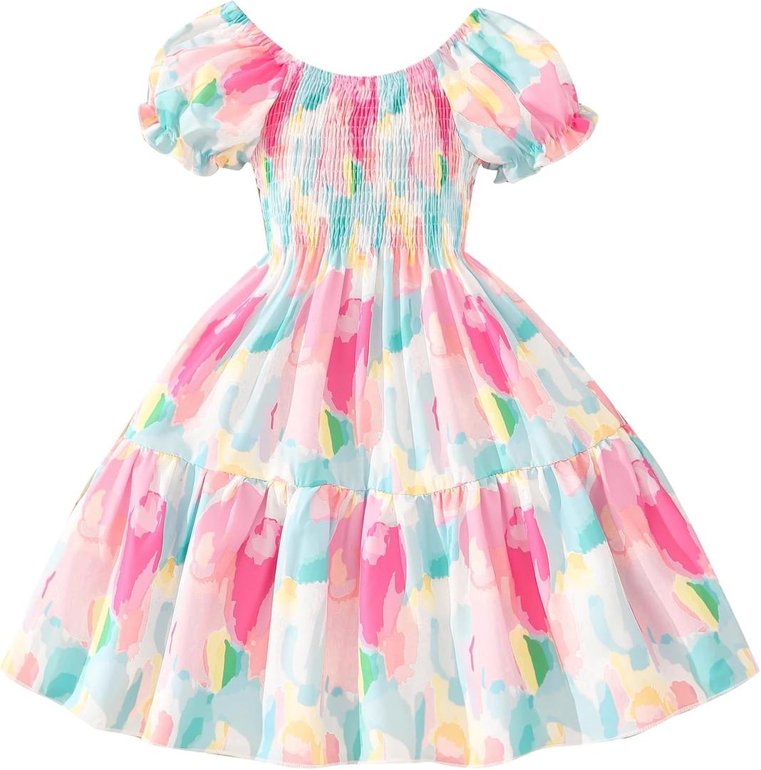 Toddler Baby Girls Summer Floral Dress Kids Puff Sleeve Square Neck Smocked Flowy Sun Dresses 2-8 Years (3# Pastel Paint)