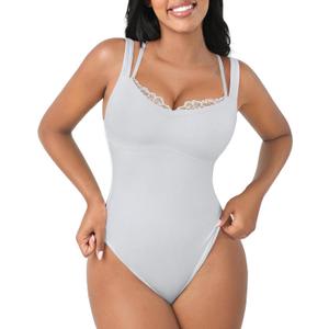 FeelinGirl V Neck Shapewear Bodysuits for Women Sleeveless Lace Body Shaper Tummy Control Thong Bodysuits for Women (Medium, White)
