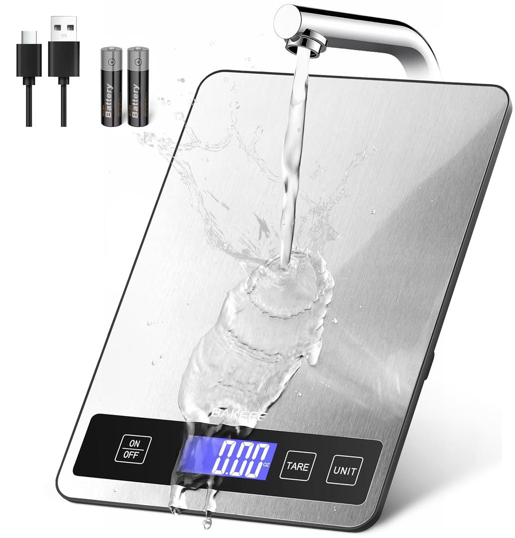 BakFee Food Scale - 15kg/33lb Rechargeable Digital Kitchen Scale with Full-View LCD Display, Grams and Ounces, Type-C or Batteries, Easy Clean Stainless Steel, for Baking, Cooking & Meal Prep, Black