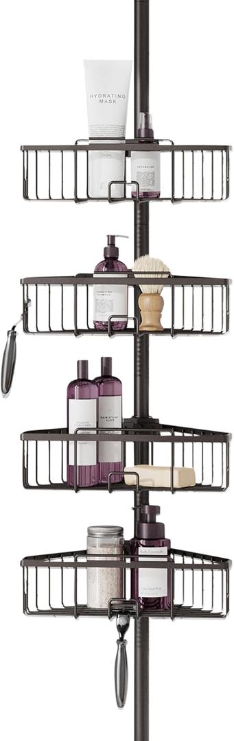 Zenna Home Tension Pole Shower Caddy, Corner Shower Storage System with 4 Adjustable Baskets, Bathroom Organization Solution, 60 to 108 Inch, Bronze