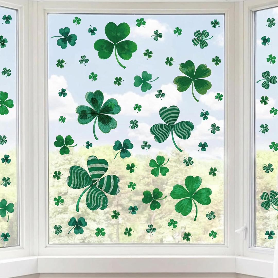 3 x Unique Shamrock Design - St. Patrick's Day Window Clings, 8 Sheets Window Decals Decorations for Home, Office, Classroom, Indoor Spring Stickers Decor