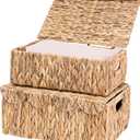 LUSYDECO Set of 2 Scalloped Edge Wicker Basket with Lids, Rectangle Wicker Storage Basket with Built-in Handles, Multipurpose Organizer Rattan Display Boxes for Shelf, Nursery Room
