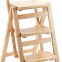 Folding Bar Stool, 3 Step Multifunction Portable Adults Solid Wood Ladder Stool for Household Kitchen, Bathroom Storage Shelf, Wood Color