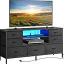 Huuger TV Stand Dresser with Power Outlets and LED Lights, 7 Drawer Console for 55 Inch TV, Black PU Leather Bedroom Dresser