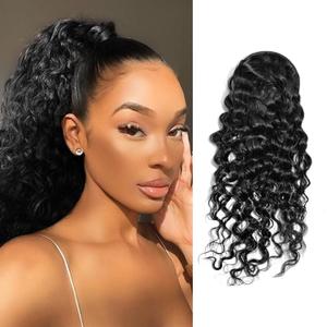 100% Human Hair Curly Drawstring Ponytail extension Water Wave, 16 inch 1B Natural Black Color, Afro Ponytail Brazilian Kinky Real Hair Ponytail Extensions For Black Women