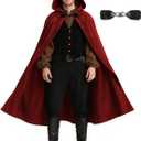 Medieval Hooded Cloak Renaissance Cape for Men and Women Halloween Costume (Red 2)