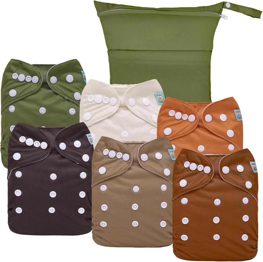 ALVABABY Cloth Diaper Covers 6pcs and 1 Wet Dry Bag, Washable Reusable Diaper Cover with Multi-Functional Bag, Cloth Diaper Shell for Prefold, Flat or Fitted Nappy Diaper Inserts 6NKZ0