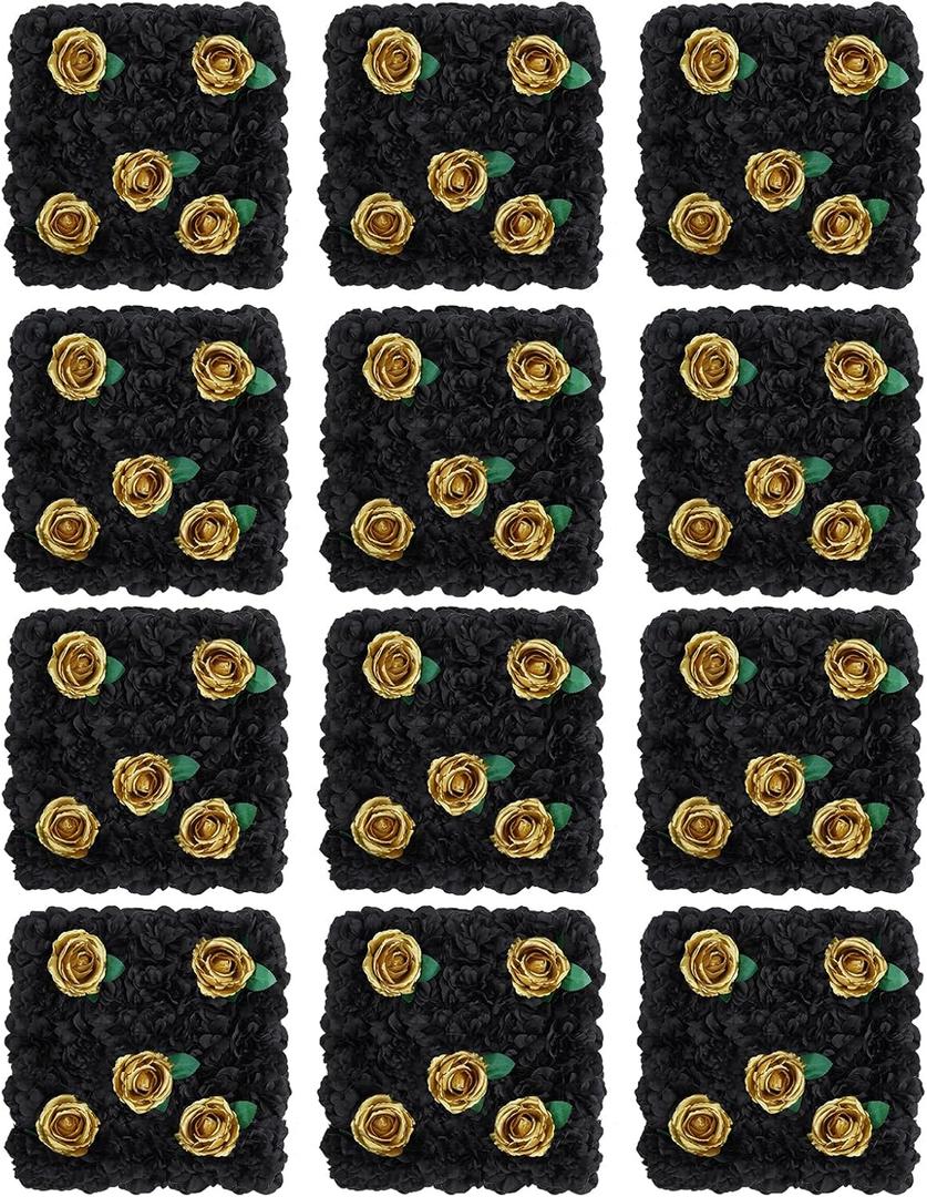 Artificial Flower Wall Backdrop Panels Black Gold 5ftx3.74ft White Rose Halloween Backdrop 3D Floral Wall for Valentine's Day Party Event Photoshoot Background Decorations