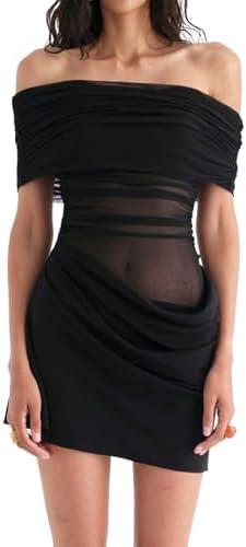 ABYOVRT Women Off Shoulder Mini Dress Sheer Mesh Ruched Short Dress Sexy Y2k Dresses Beach Clubwear Small