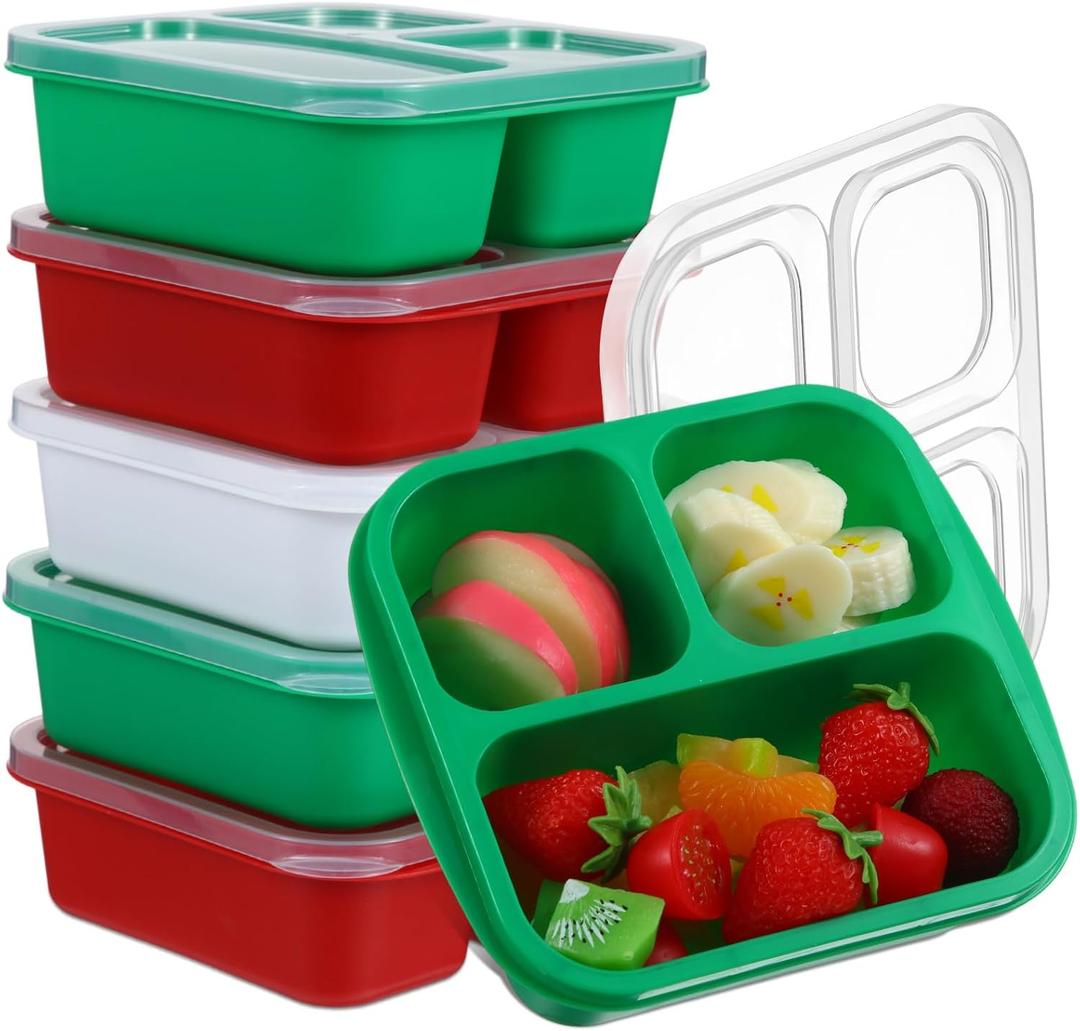 Honeydak 5 Pack Snack Containers 3 Compartment Bento Snack Boxes Divided Meal Prep Containers with Lids Reusable Adults Lunch Food Storage Box for School Work Travel(Christmas Color)