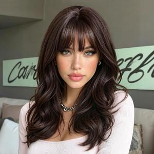 Lativ Dark Brown Wig with Bangs Layered Wavy Wig for Women Synthetic | 4x4 Realistic Scalp,Heat Resistant Fiber,Natural Looking,Beginner Friendly,Face-Framing Curly Layers for Daily Party 18 Inch