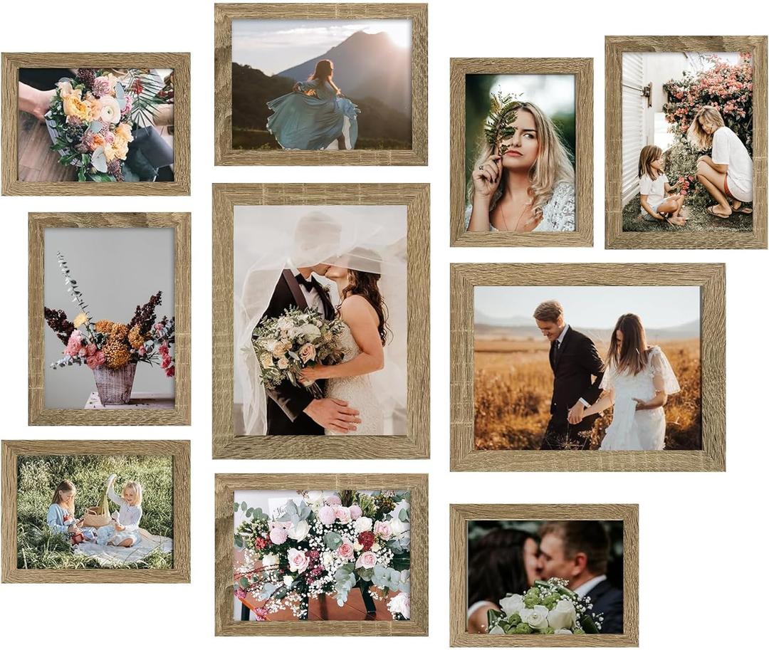 LUCKYLIFE Picture Frame Set 10-Pack, Gallery Wall Frame Collage with 8x10 5x7 4x6 Frames in Natural Woodgrain Finishes