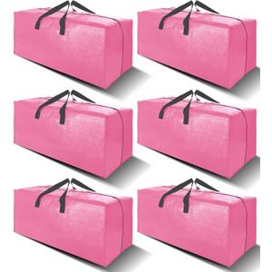 VELVETSURE 6 Pack Heavy Duty Large Moving Bags W/Backpack Straps - Strong Handles & Zippers, Storage Totes For Space Saving, Fold Flat, Alternative to Moving Box and Storage Bin, Pink