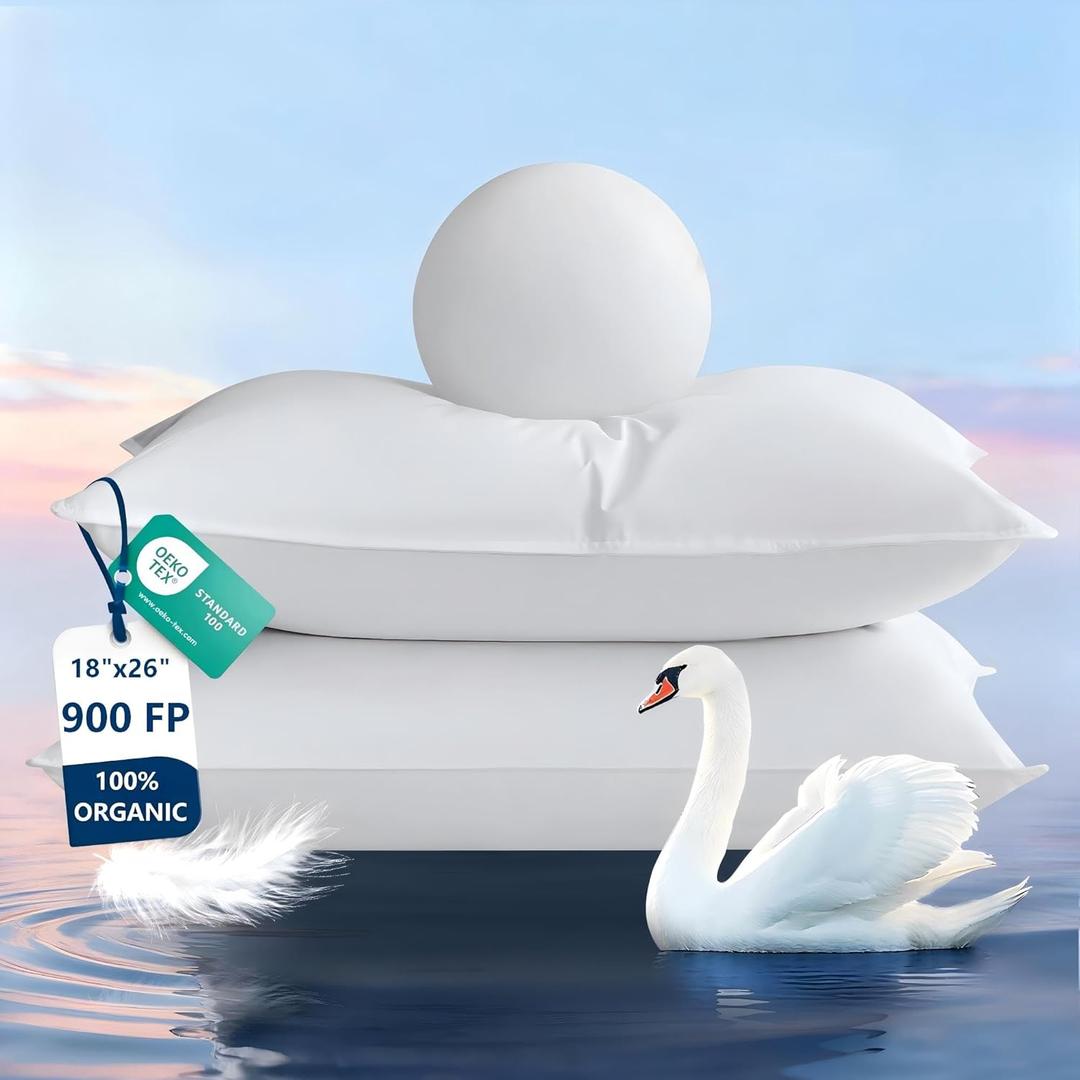 Goose Feather Pillows Standard Size Set of 2, Ultra Soft 700 TC Organic Cotton Shell, 900 FP Down Pillow for Sleep, Luxury Hotel Collection Bed Pillows 2 Pack for Side Back Stomach Sleepers, 18"x26"