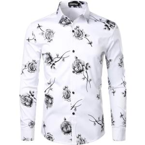 ZEROYAA Mens Hipster 3D Golden Rose Floral Printed Slim Fit Long Sleeve Button Down Dress Shirts (XX-Large, Zzcl22-white Black)