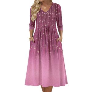 Zeagoo 3/4 Sleeve Women's Dress Casual Midi Tshirt Dresses with Pockets Empire Waist Summer Semi-Formal Boho Beach Sundress (Medium, Purple)