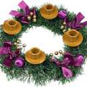 MorTime 14 Inches Christmas Wreath Candle Holder Ring, Christmas Candlestick Decoration with Glitter Berries Purple Bows and Christmas Balls for Winter Holidays Home Decor